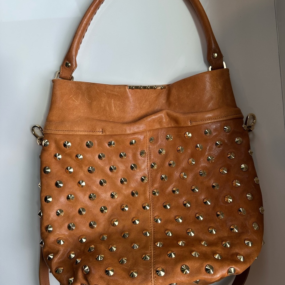 Be & D Tan and Gold Studded Shoulder Bag